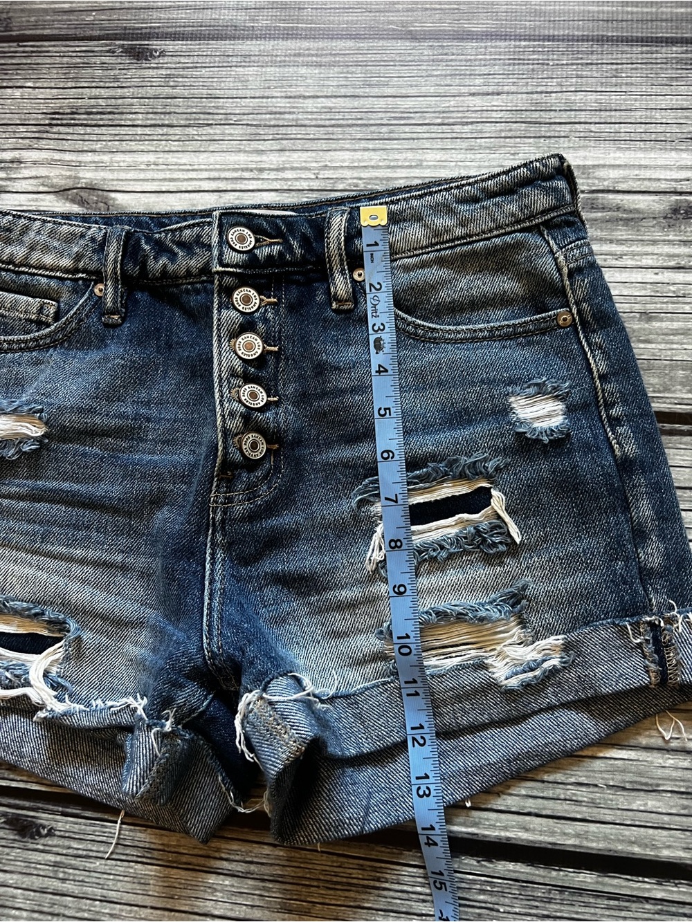 KanCan Dark Blue Distressed High-Rise Jean Shorts - Picture 6 of 7